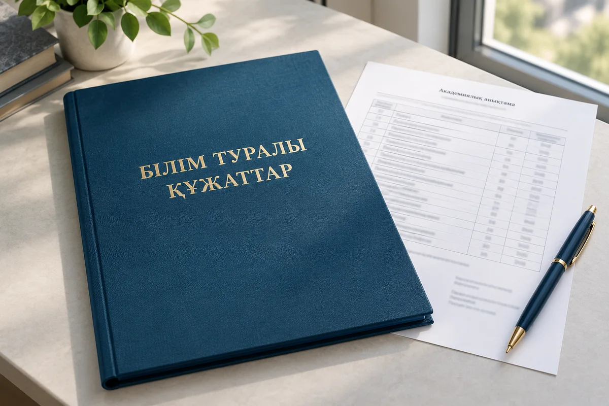 Иллюстрация: папка «Білім туралы құжаттар» и приложение для перевода документов об образовании