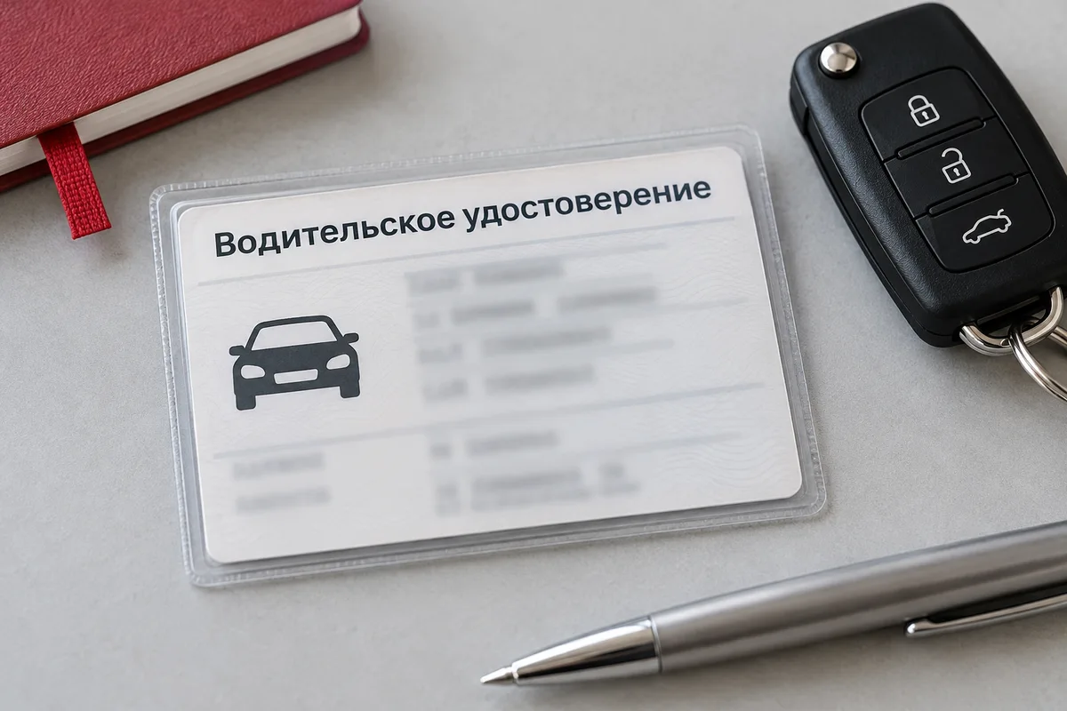 Иллюстративная карточка, автомобильный ключ и материал для перевода водительского удостоверения