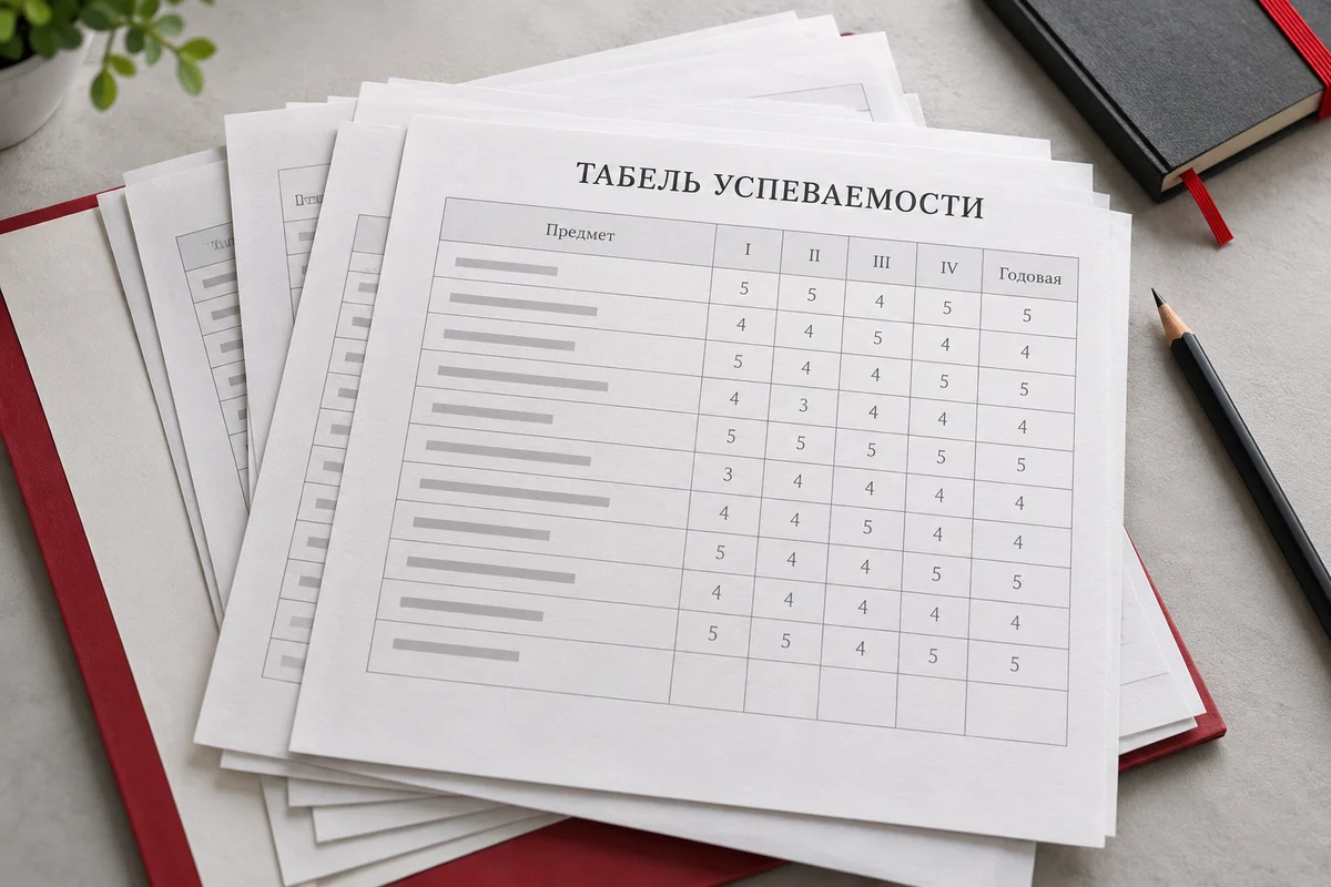 Иллюстрация: табель успеваемости с учебными периодами без персональных данных